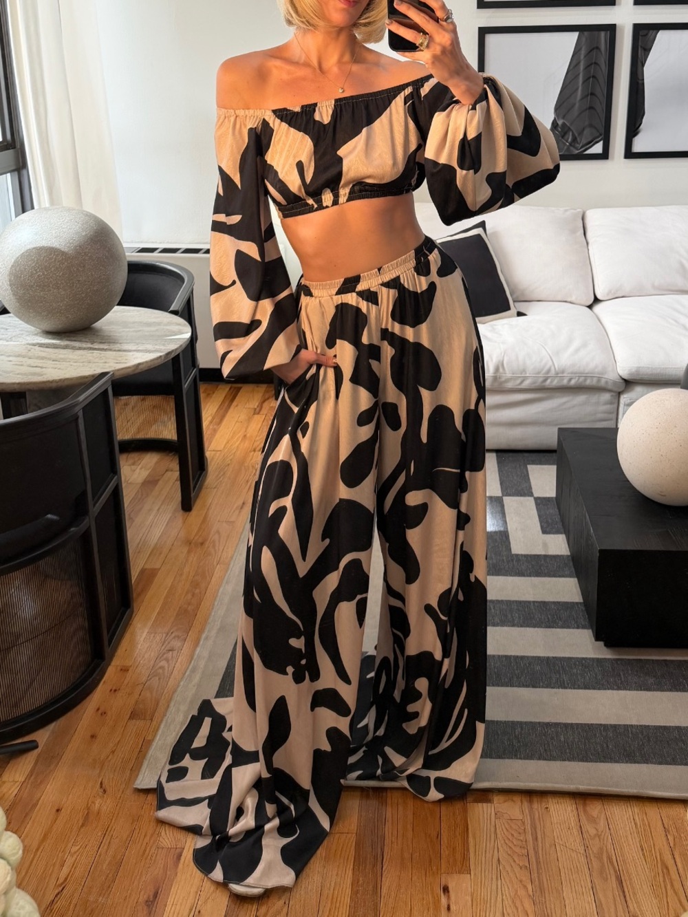Beige and Black Off-Shoulder Matching Set